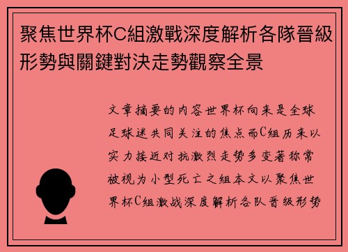 聚焦世界杯C組激戰深度解析各隊晉級形勢與關鍵對決走勢觀察全景